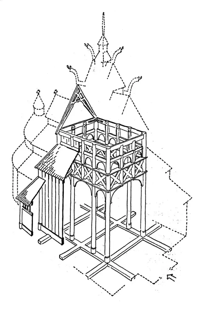 Tverrsnitt av Gol stavkirke. Tegning av arkitekt Arne Berg.