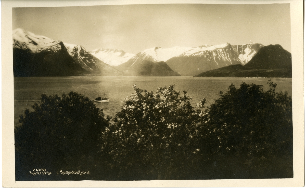 Postkort. Landskap med Romsdalsfjord og snødekte fjell i bakgrunnen.