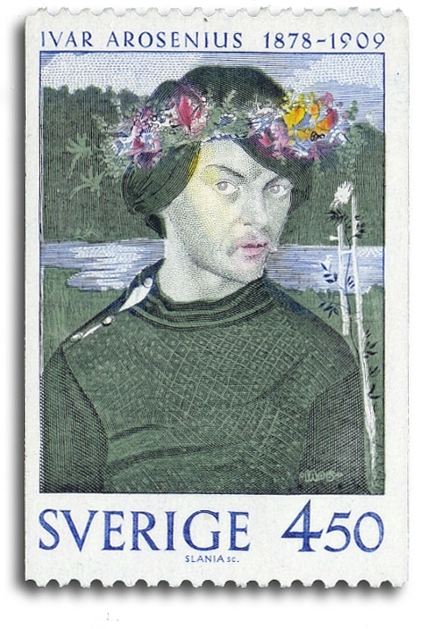 Självporträtt med blomsterkrans av Ivar Arosenius.