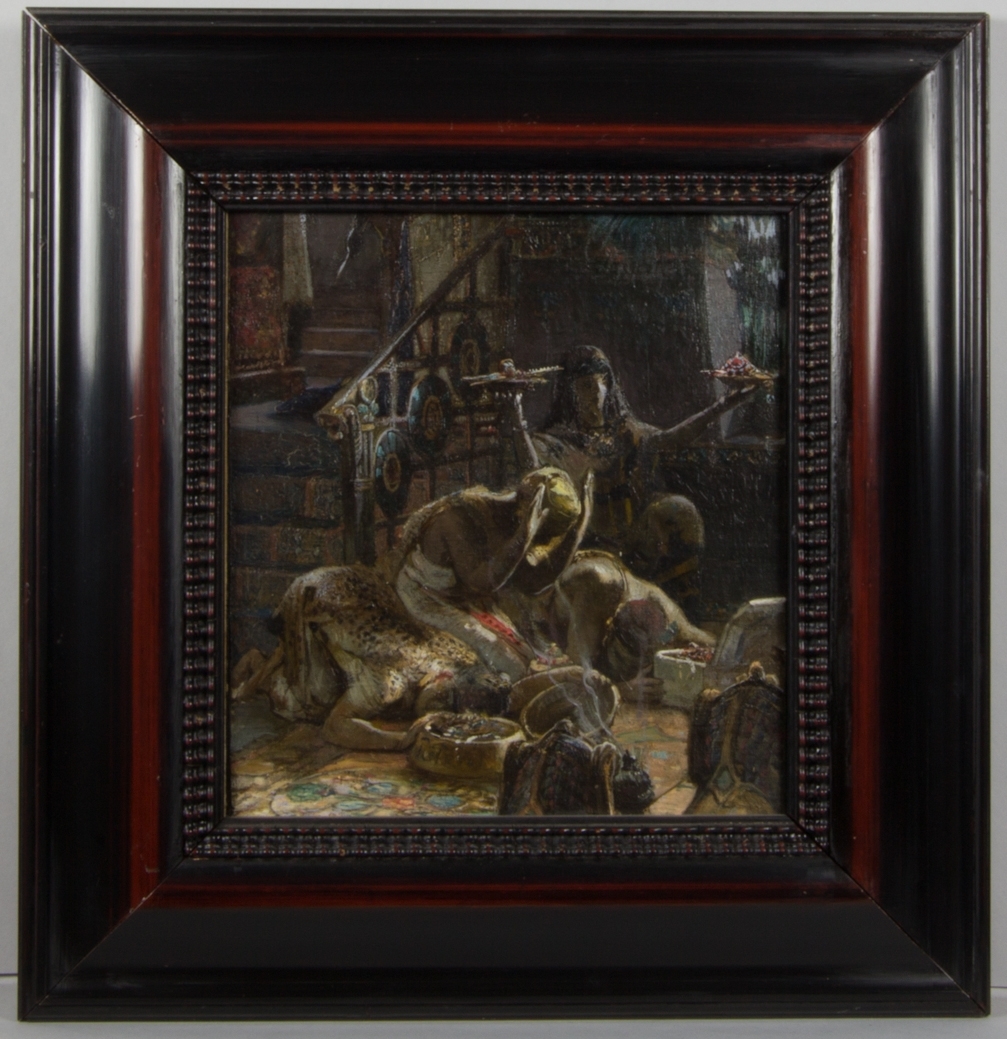 Fyra slavar och slavinnor knäfallande och knästående som frambär gåvor. De befinner sig i ett rum med orientalisk inredning och en trappa i bakgrunden.