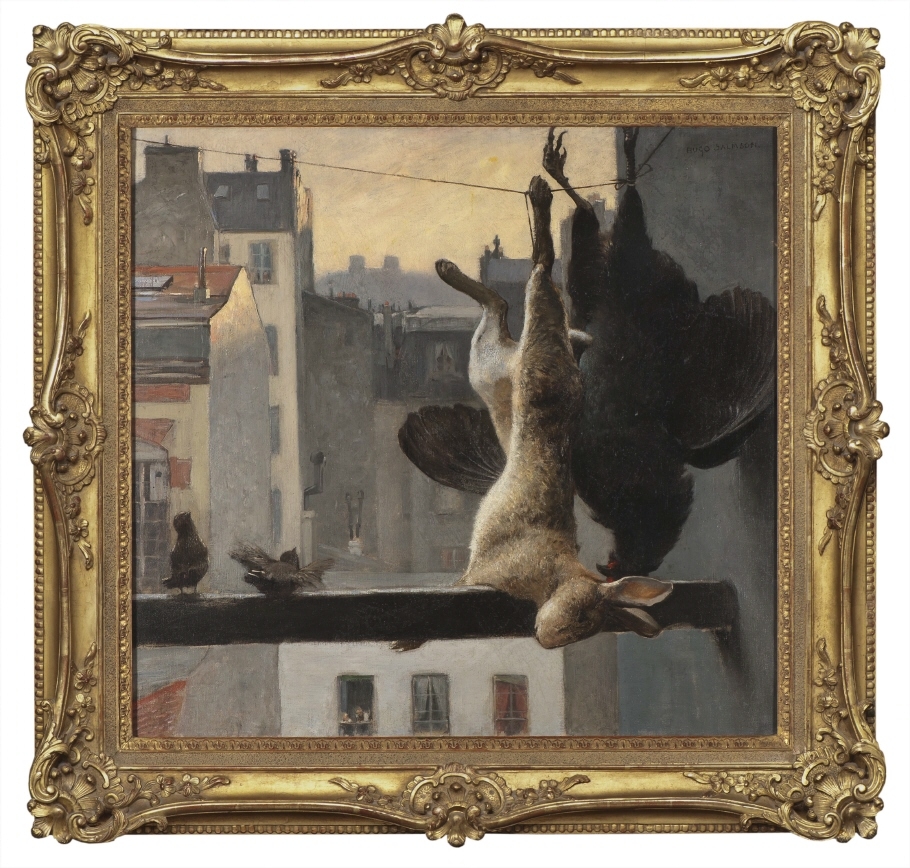 Målningen föreställer en vy över Paris med ett stilleben bestående av en fågel och en hare i förgrunden. På balkongens kant sitter två småfåglar.