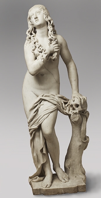 This sculpture, which was owned by Queen Christina, represents Mary Magdalene, one of Jesus’s followers. She is often depicted in this way, with long hair and a skull, as a reminder of the finite nature and transience of life. The sculpture has many links to classical ideals, for example the figure’s features and the body’s resting pose. But the swirling curls of the hair and the deep folds of the drapery are typical of the Baroque and give the sculpture a dramatic expression.