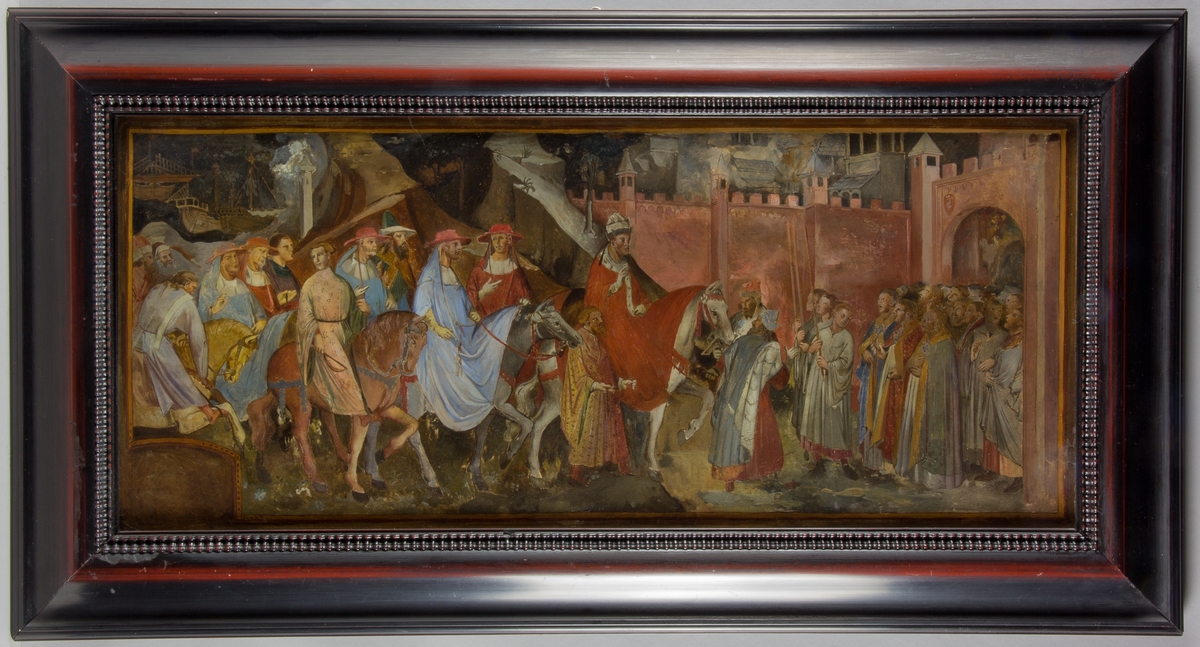 Alexander III:s intåg i Venedig. I mitten påven Alexander III  i röd hermelinsbrämad mantel, ridande på en vit häst. Till vänster ett följe av ridande män, bland annat kardinaler i röda hattar. Till höger ett flertal stående män, innevånare i Venedig. I bakgrunden stadsmuren och hamnen med fartyg.