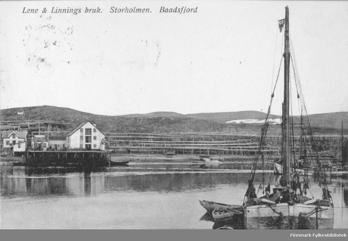 Postkort med trykt tekst: 'Lene & Linnings bruk. Storholmen. Baadsfjord'