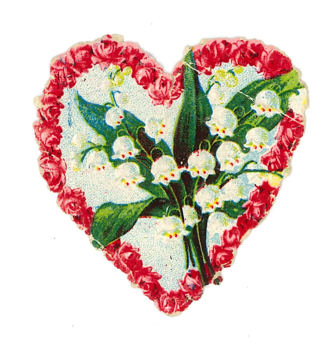 Bokmärke med röda blommor i en hjärtform. I hjärtat finns liljekonvaljer.

Ingår i en samling av 87 bokmärken. Motiven är främst blomstermotiv, religiösa motiv, tomtar samt barn i olika sysselsättningar. Storlekarna varierar mellan 1,3 x 1,6 cm -10,3 x 15,9 cm. Till bokmärkena hör ett kuvert med 47 hemmagjorda lotter samt ett utskuret stycke ur en välskrivningsbok från skolan.

Boken har blå pärm . Lotteriet och boken användes när skolflickorna bytte bokmärken med varandra. Några av bokmärkena ligger i en albylask av metall. Samtliga föremål ligger i en lilla papplåda med löst lock.

Lådans mått är L. 18,5 cm. B. 12 cm. H. 2,5 cm. Samtliga föremål är märkta med VM 21 406.