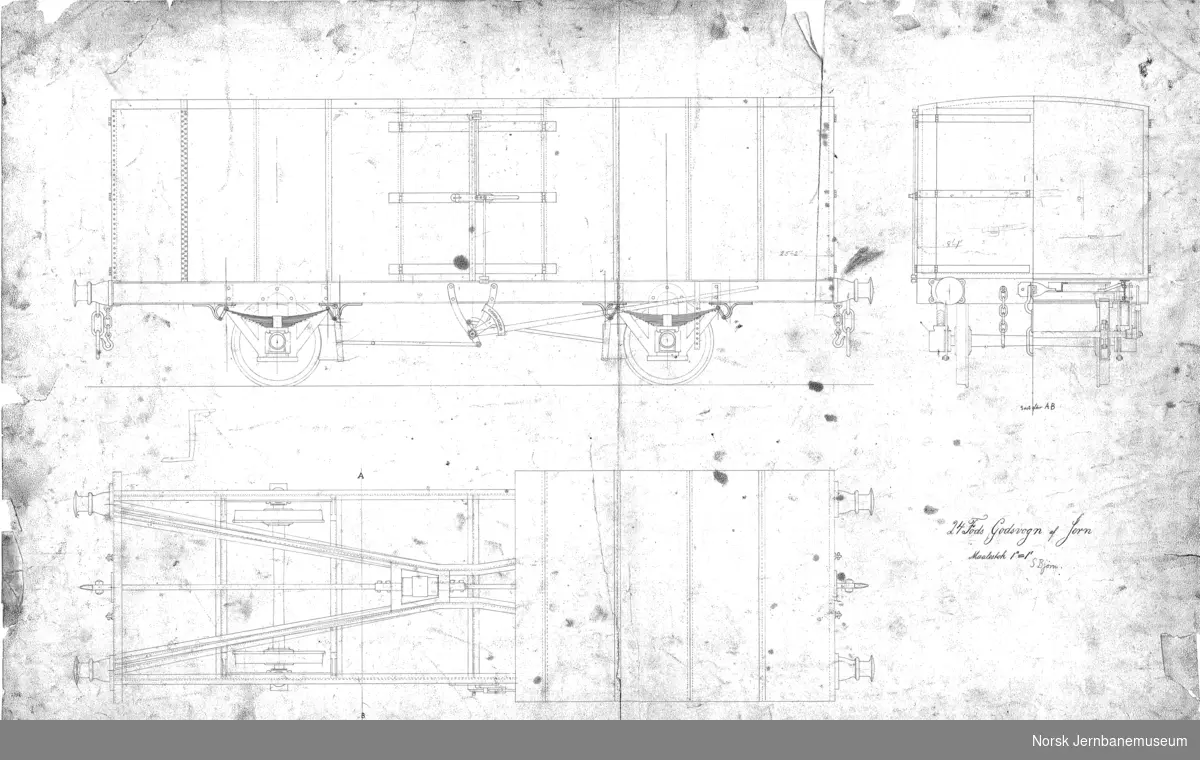 Tegningen må vise Hovedbanens Dekkede godsvogner for høvlet last, helt av jern. Levert 1871 som nr. 353-354, senere nr. 1029-1030