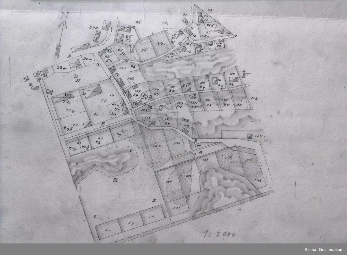 Fastighetskarta över Oskarshamns centrum vid 1800-talets mitt.