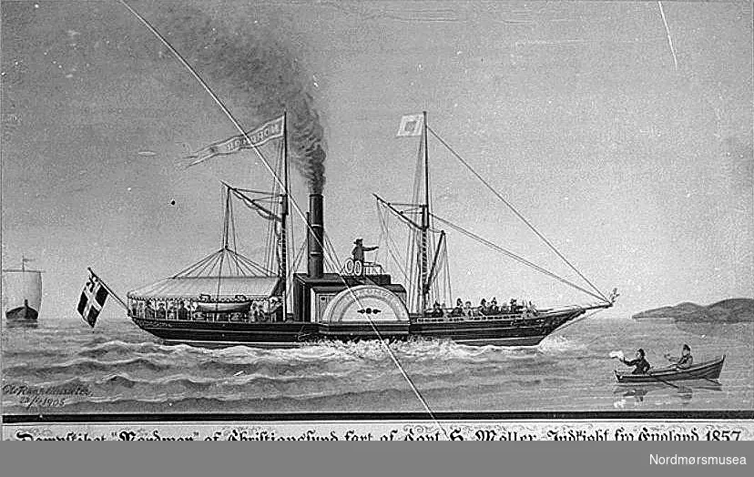 Knudtzons ";Hjuldamper "Nordmør". Det første dampskip i Romsdals amt/fylket. Innkjøpt fra England 1857, forlist 1864. Kaptein H Møller. Unionsflagg (Fra Nordmøre Museums fotosamling.)
