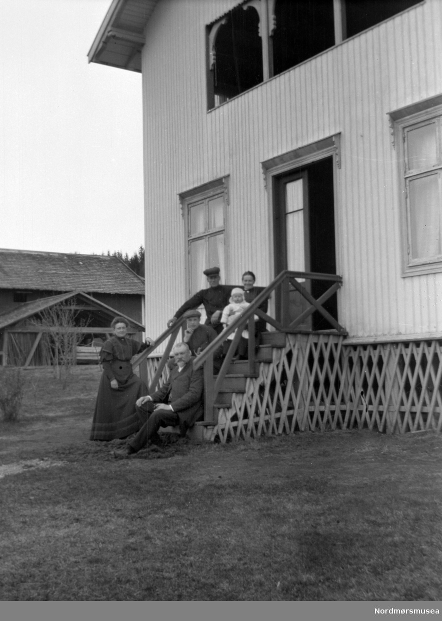 Foto av en gruppe poserende på en inngangstrapp. Personene er trolig Sverdrupfamilien/slekten, eventuelt fra deres bekjentskaper. Datering er usikker. Fra Nordmøre museums fotosamlinger. EFR2015