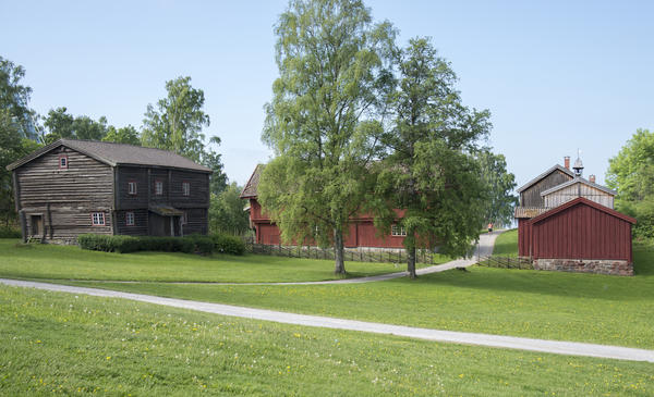 Hedmarkstunet består av en grå tømmerbygningn i to etasjer til venstre i bildet, midt på ser vi to bjørker og til høyre en rød, plankebeslått bygning.