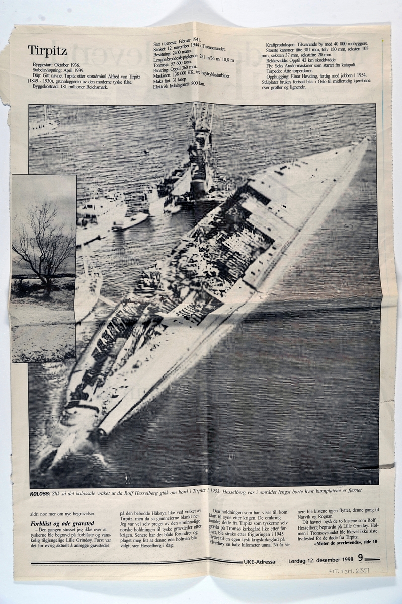 En konvolutt som inneholder en avisartikkel fra UKE-Adressa om Tirpitz.