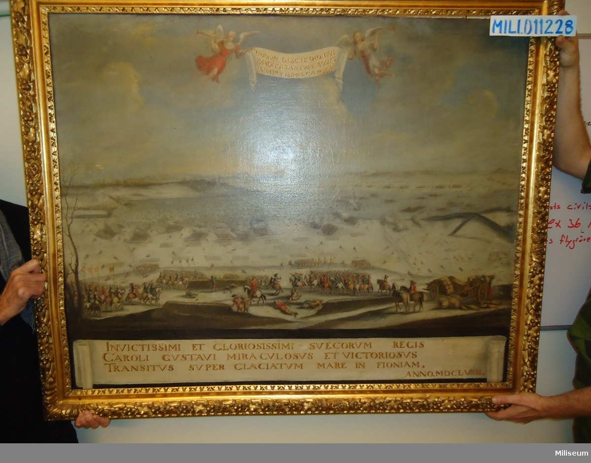 Oljemålning på duk i förgylld träram, troligen av J Ph Lemke. Tåget över Bält 1658.