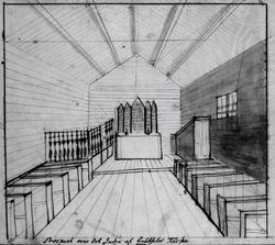 Tegning av Grutseter kirke innvendig.