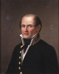 Portrett av Lars J. Irgens. Mørk uniform, hvit vest og skjorte, svart halsbind. (Foto/Photo)