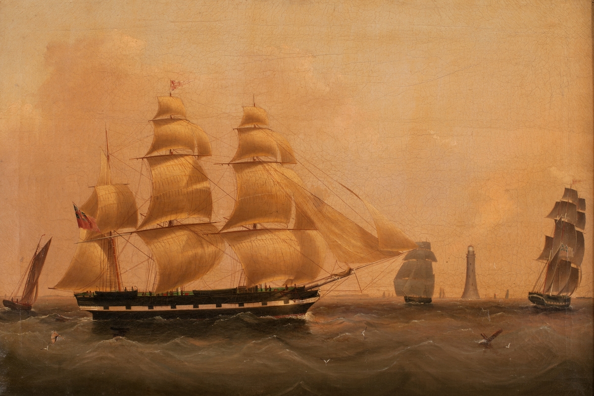 Barkskeppet "Anne - Jane" seglande med vinden på babords låring förande engelsk handelsflagg och alla dragande segel med ledsegel. Till höger samma fartyg i annan position.
Ett barkskepp Anne Jane från Greenock på väg till Quebec i barlast grundstötte 16:e maj 1845 på reven utanför Grand Bahama och antas ha förlorats helt. En annan uppgift är 1856.
