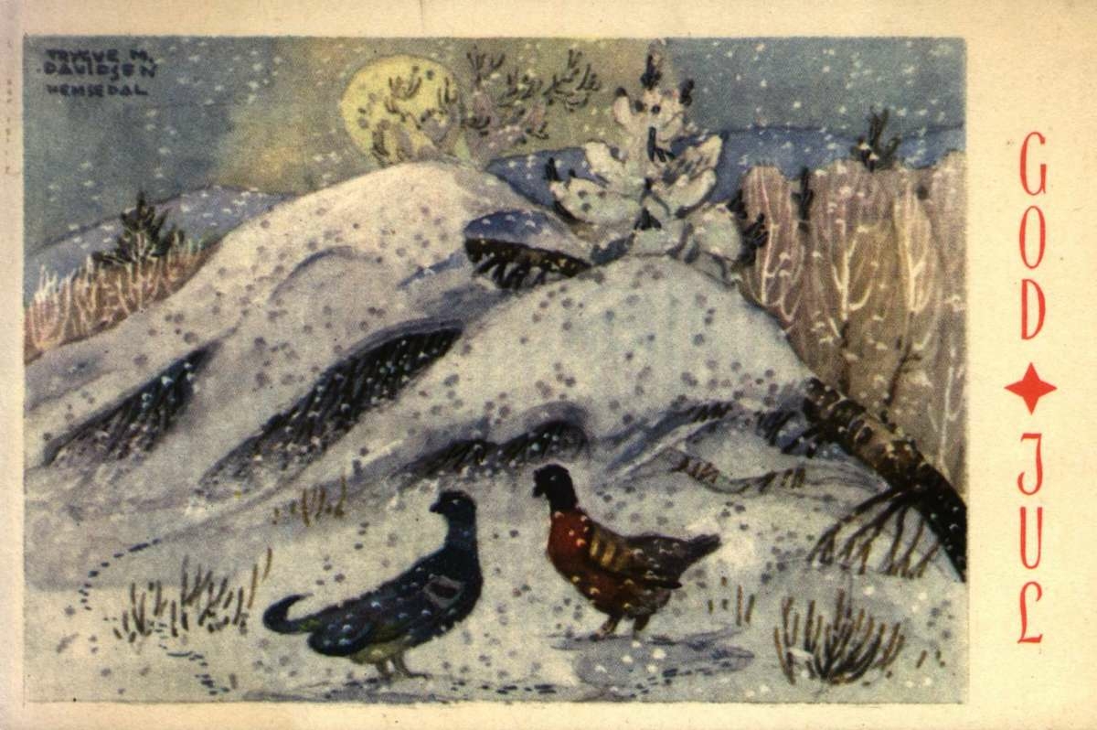 Julekort. Jule- og nyttårshilsen. Vintermotiv. Et skoglandskap med fugler i forgrunnen. Laget for S. J. Bennetter. Illustrert av Trygve M. Davidsen (1895-1978).