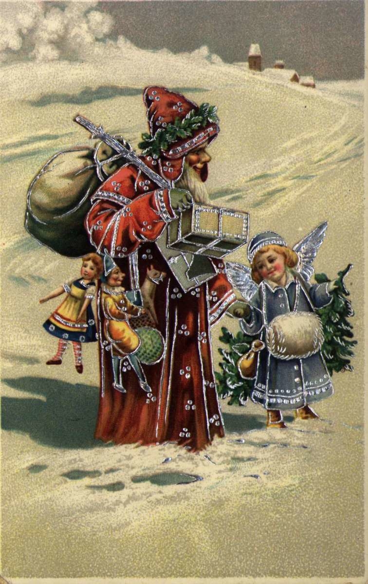 Julekort. Jule- og nyttårshilsen. Vintermotiv. Julenissen kommer med masse gaver. En liten engel bærer et juletre. I bakgrunnen skimtes en kirke. Stemplet 23.12.1914.