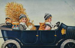 Julekort. Jule-og nyttårshilsen. Åpen bil med to kvinner, en