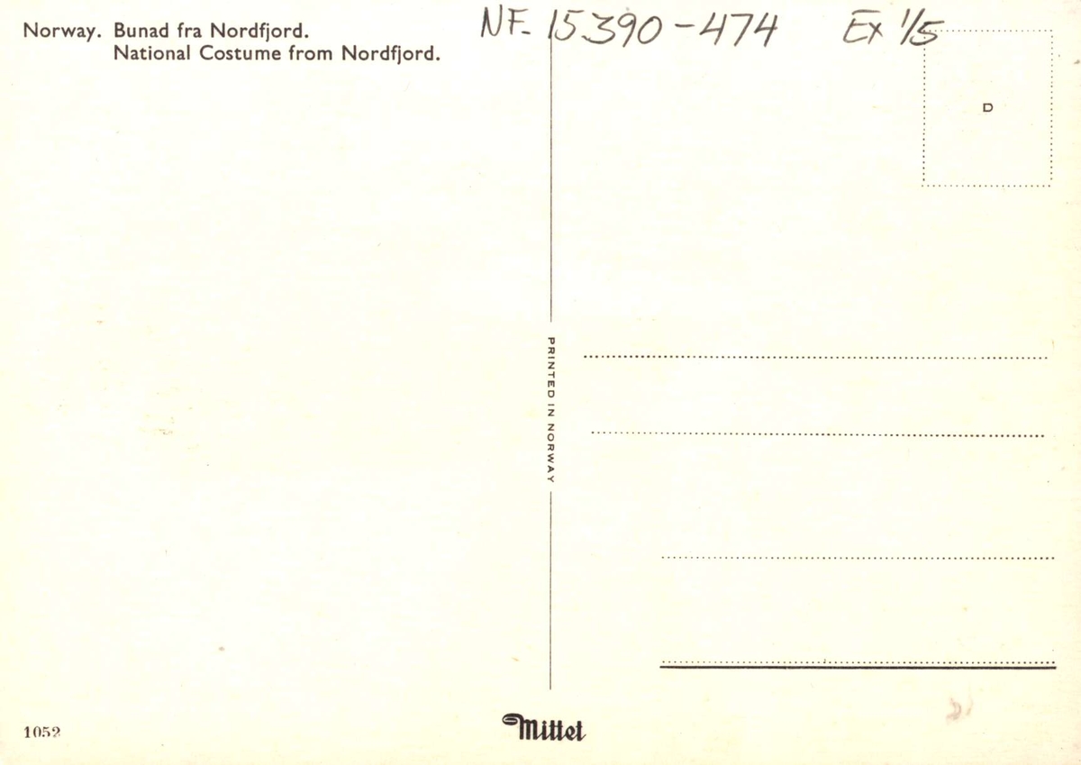 Postkort.  Kvinnebunad fra Nordfjord. Utstilling NF.