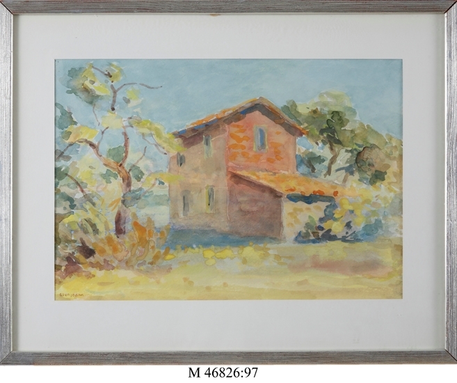Akvarell på papper. 
Hus omgärdat av träd och buskar.
Riccione, Italien