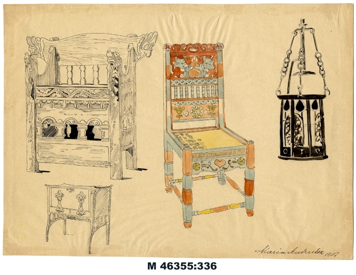 Akvarell/tuschteckning på tunt papper, uppfodrat på kartong. 
Skiss av två stolar (en färglagd) i allmogestil, ett mindre skåp och 
en ljusampel.