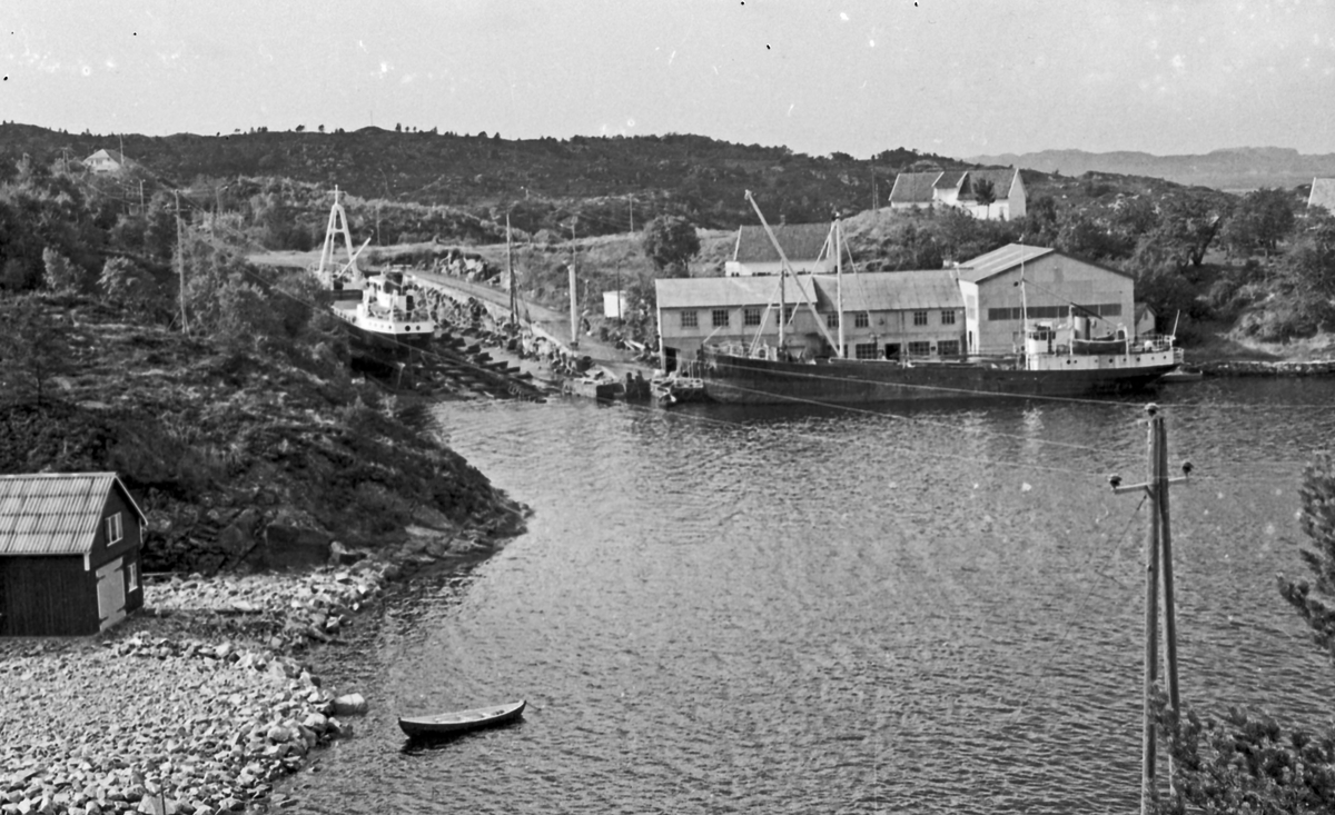 Havnebilde. Fiskebåten "Bente" ved kai. Fiskebåten "Torsig" i dokk.