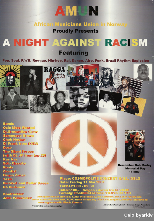 Plakat for konserten A night agains racism...Oslo byarkiv har ikke rettigheter til denne plakaten. Ved bruk/bestilling ta kontakt med Nordic Black Theatre (post@nordicblacktheatre.no)