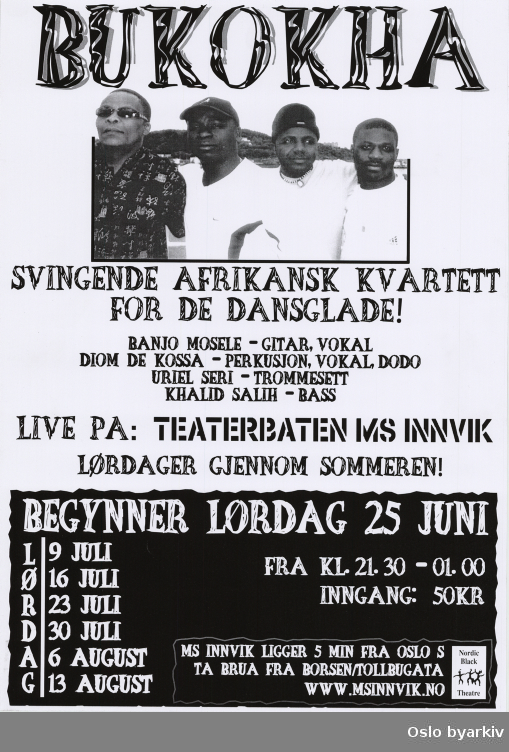 Plakat for konsertserien med Bukokha...Oslo byarkiv har ikke rettigheter til denne plakaten. Ved bruk/bestilling ta kontakt med Nordic Black Theatre (post@nordicblacktheatre.no)