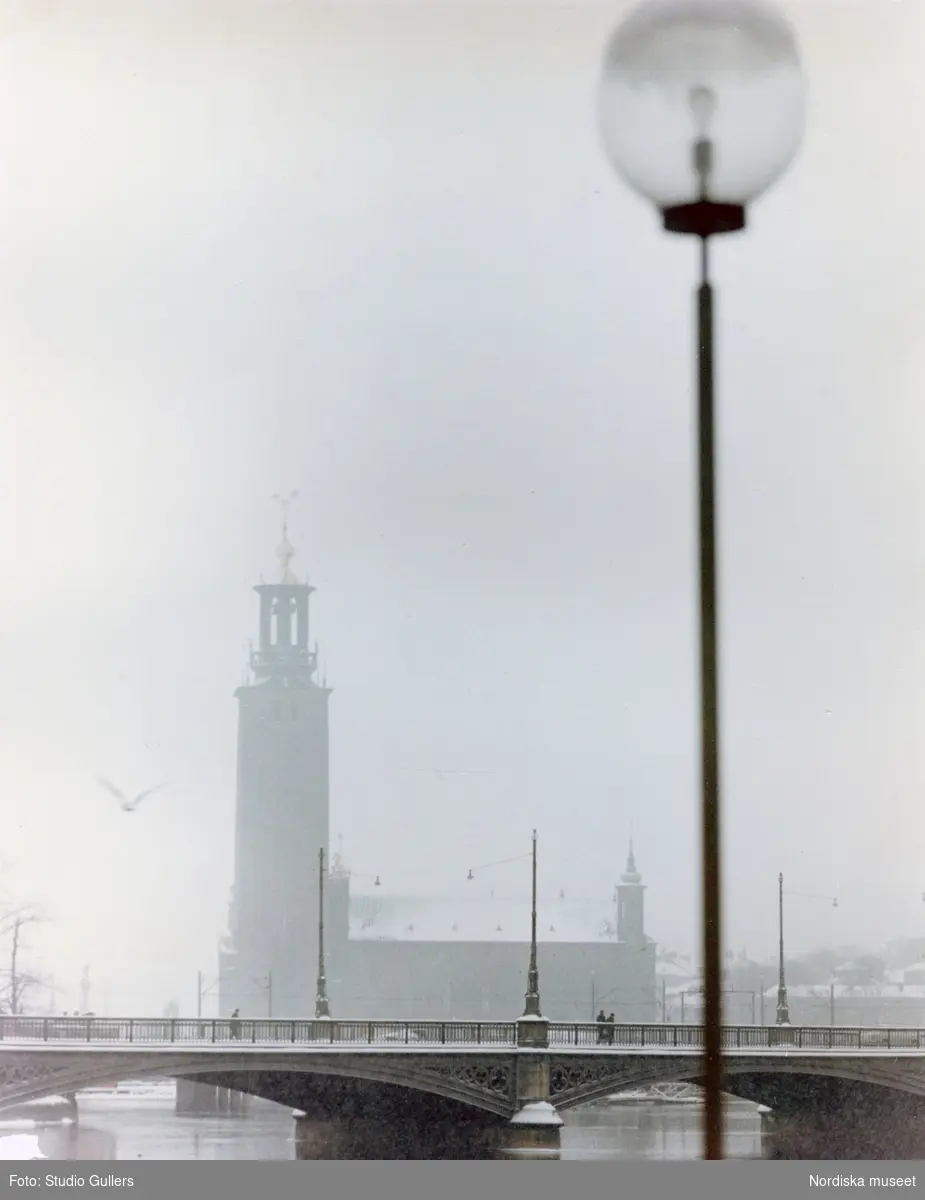 Vy över Stockholms stadshus i dimma.