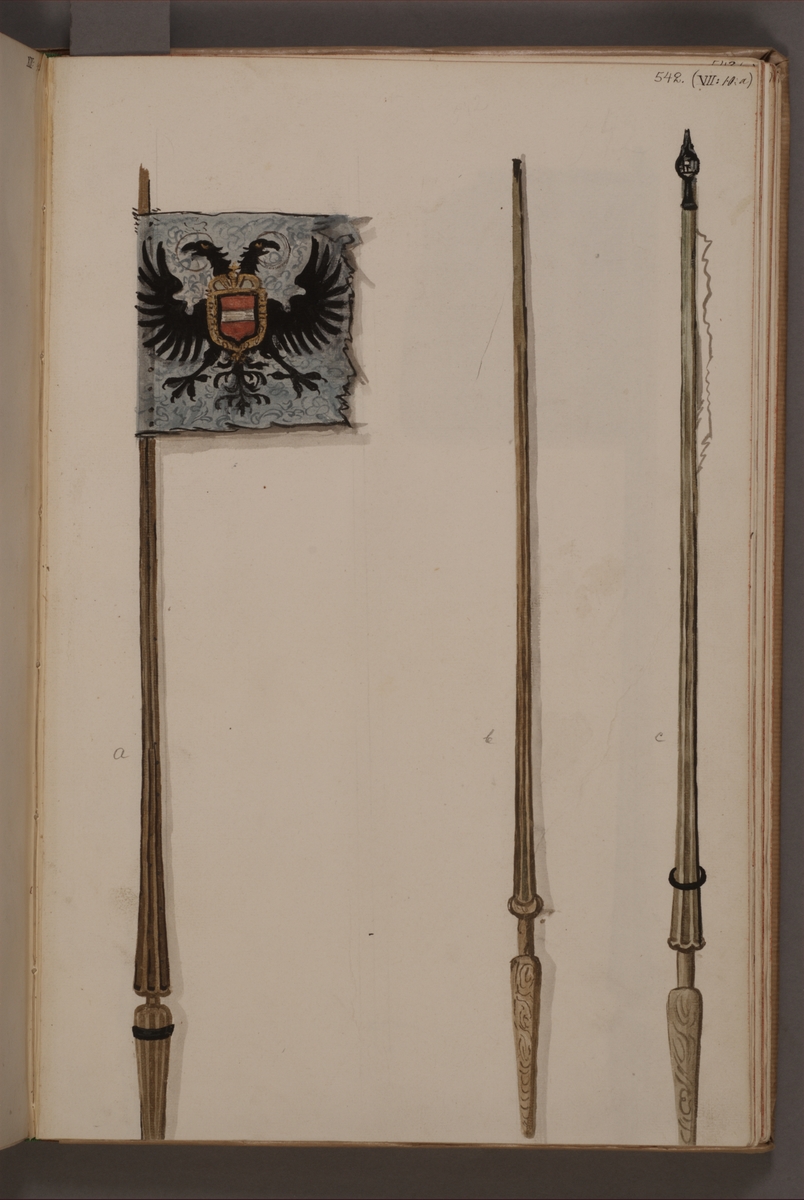 Avbildning i gouache föreställande fälttecken tagna som trofé av svenska armén. De avbildade standaren finns bevarade i Armémuseums samling, för mer information, se relaterade objekt.
