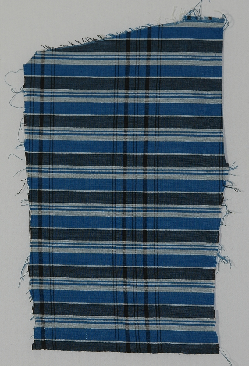 Klänningstyg, 35 x 27 cm, bomull, tuskaft. Rutigt i blått, svart och vitt.

Katalogiserad av Karin Nordenfelt, Elisabet Stavenow,
Marie-Louise Wulfcrona-Dagel.
