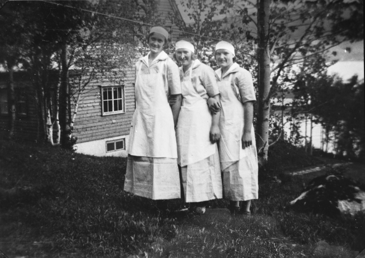 Tjenestefolk hos dr. Hoyer i Langhamn, fotografert ute i hagen
i 1936.