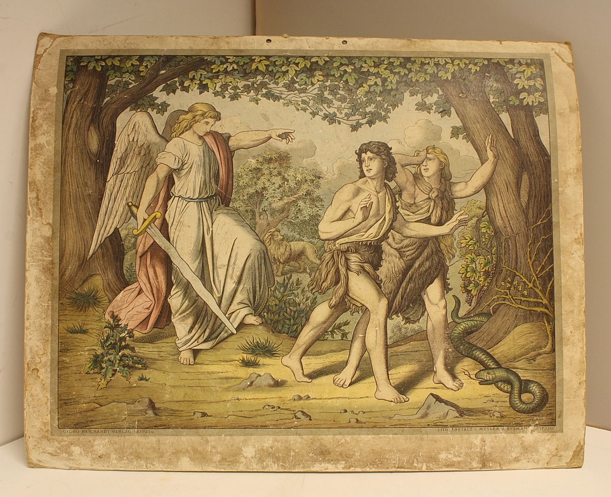 Rektangulær plakat. Syndefallet, En engel med sverd kaster Adam og Eva ut av Edens hage. Løve i bakgrunnen og slange i forgrunnen.