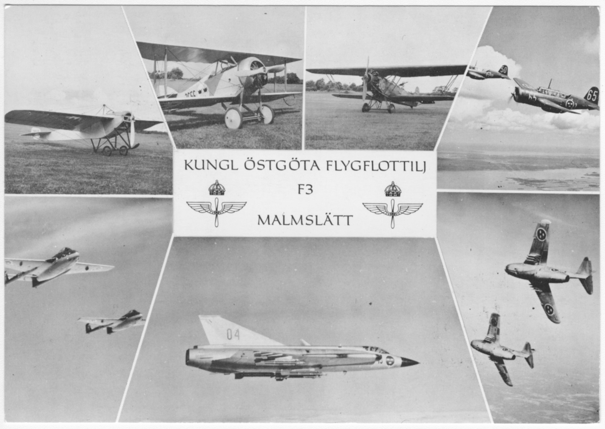 Vykort av F 3 Östgöta flygflottilj, märkt 'Kungl Östgöta Flygflottilj F 3 Malmslätt' . Kollage med infällda militära flygplan.

Flygplan Nieuport IV-G M 1, Tummeliten Ö 1, S 6 Fokker C.V., Saab B 17, J 28 Vampire, Saab J 35, Saab J 29.

Frankerat med frimärken med flygmotiv och stämplat den 29 augusti 1976, Linköping Flygdag Malmen, FV 50 år.