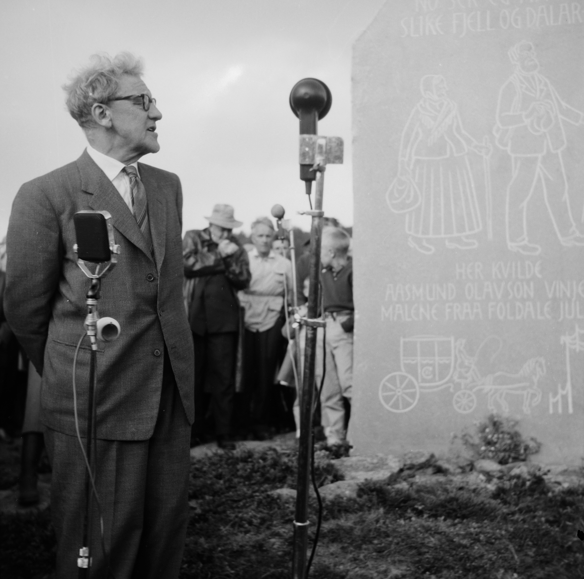 Olav Dalgard holder tale under avdukingen av Vinjesteinen ved Hjerkinn Fjellstue.