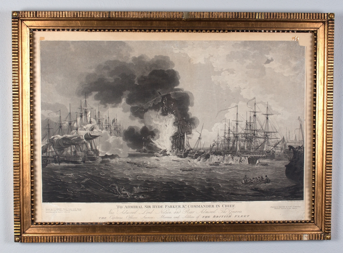 Motivet viser slagscene med trefninger mellom den britiske og den danske flåten utenfor København. Et dansk skip midt i motivet står i full brann. Flåte med skipbrudne i forgrunnen av motivet.