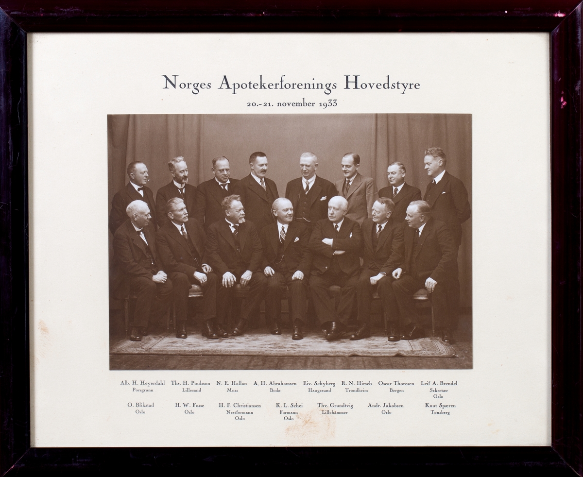 Gruppefoto av 15 voksne menn i dress. Trykt tekst med alle deltageres navn.