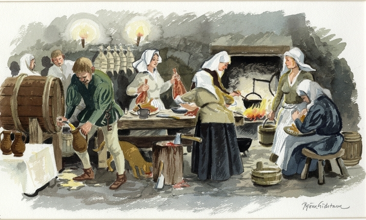 Akvarellmålning på papper.
Köksscen från stora köket på Kronobergs slott.
