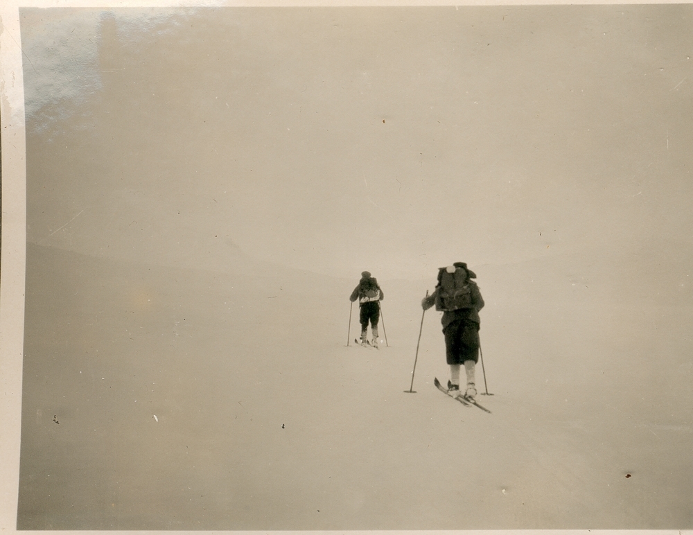 To menn på ski i høyfjellet. Snø, hvitt landskap.