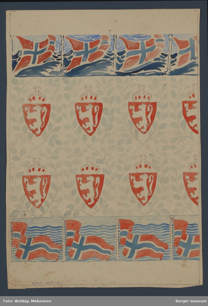 To border med norske flagg og riksvåpenet omgitt av løvverk i mellom.
Dette pleddet ble nok aldri satt i produksjon. Forslaget ble sannsynligvis laget til 100-årsjubileet i 1914.