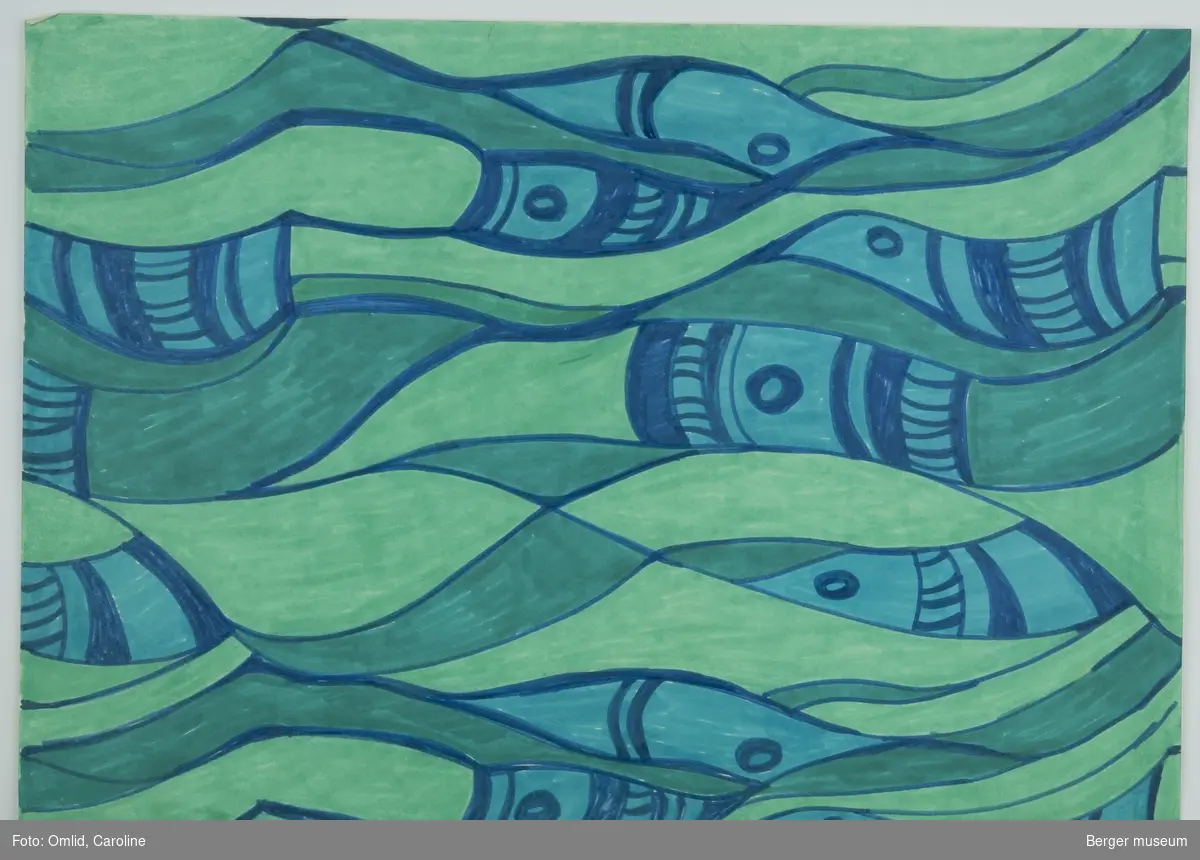 Skisse i grønt og blått mønster i non-figurativt bølgeformer