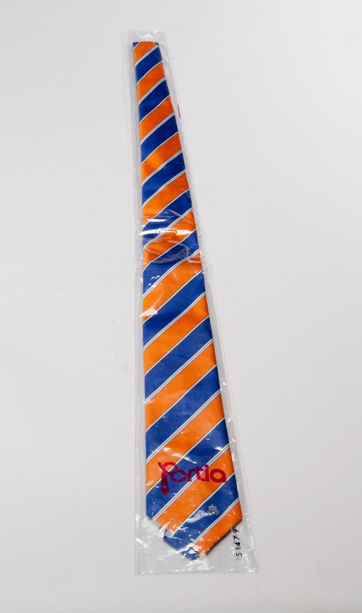 Snedrandig slips av polyestermaterial, i blått/orange med televerkets emblem påbroderat, i plastfodral.