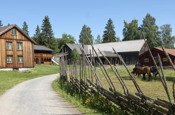 A road of sand and pebbles and an old, traditional fence leads towards two brown timber houses and a large, old barn.