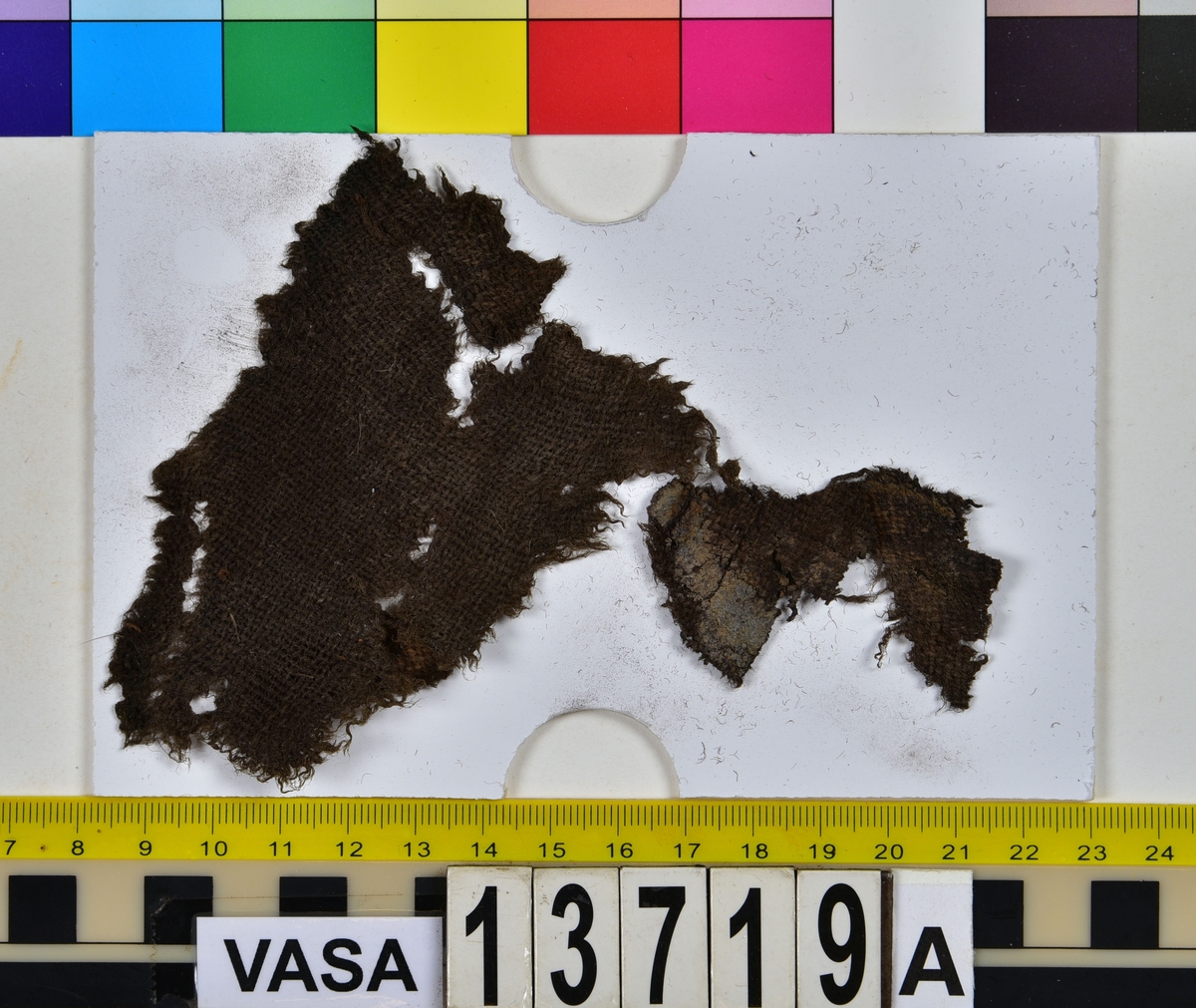 Textil.
33 textilfragment uppdelade på fyndnummer 13719a-c.
Fnr 13719a består av 5 fragment av ull vävda i tuskaft.
Fnr 13719b består av 14 fragment av ull vävda i tuskaft. Tyget har troligen varit valkat på ena sidan.
Fnr 13719c består av 14 fragment av ull vävda i tuskaft. Tyget har troligen varit valkat på ena sidan. De tre största fragmenten är kilformade. Fragmenten har flera originalkanter med spår av sömmar.