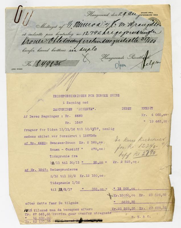 Krigsforsikringsdokument fra første verdenskrig.