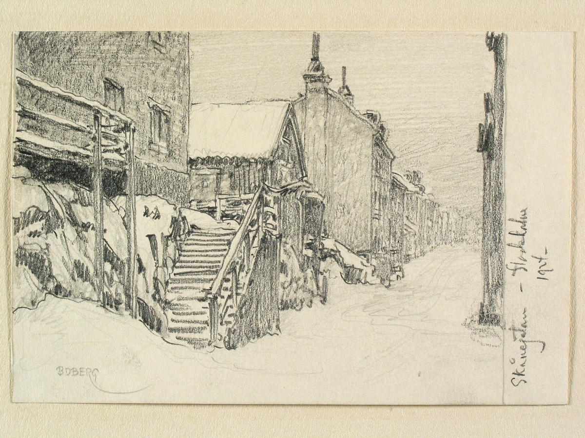 Stockholm, Skånegatan, Södermalm. En snöig dag 1924. Teckning av Ferdinand Boberg.