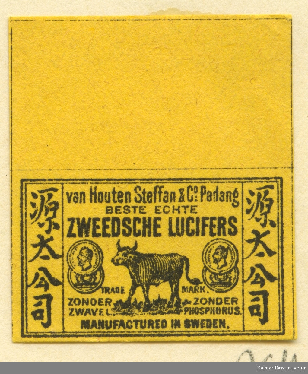 Tändsticksetikett från Mönsterås Tändsticksfabrik, "Van Houten Steffan &Co Padang beste echte Zweedsche lucifers "