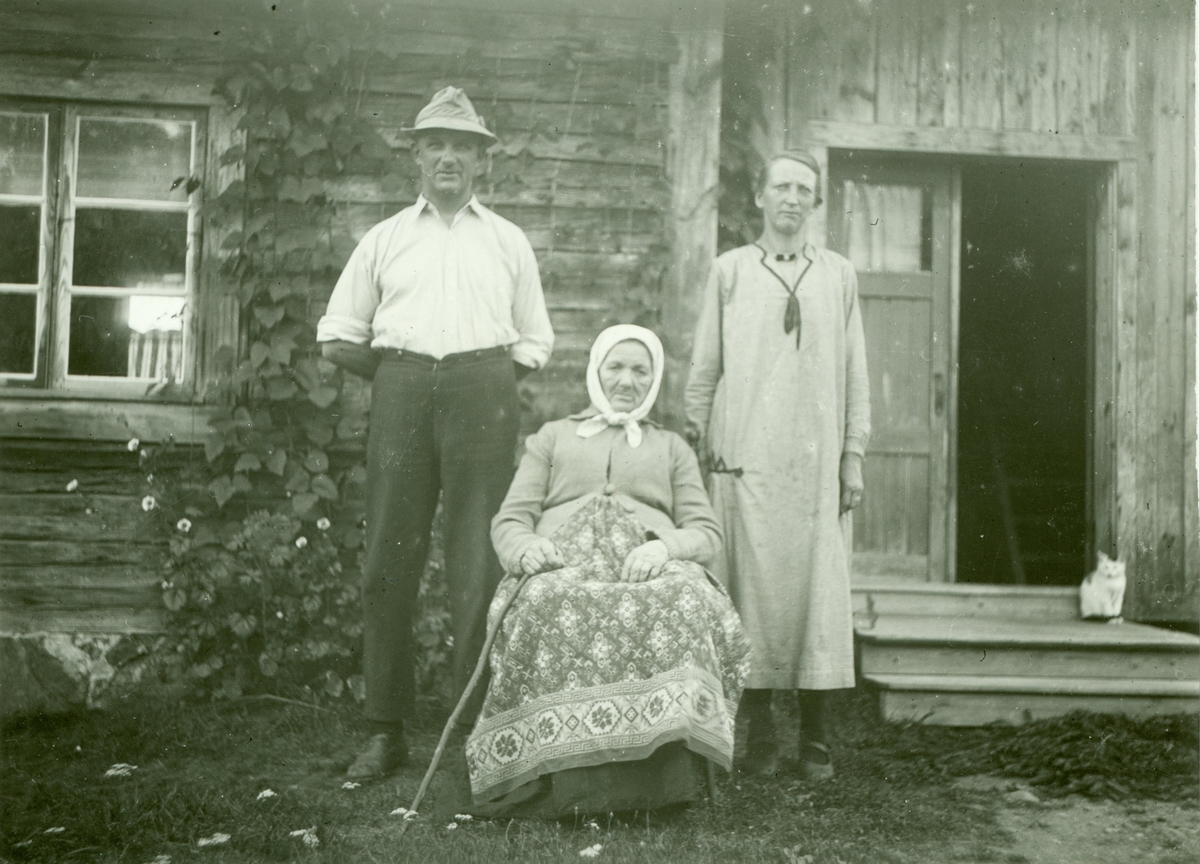 Bilden är fotograferad vid Rammgöl söder om Tryserum, i Ukna. Mina Nilsdotter föddes som Nilsdotter 1849 och hette antagligen Nilsson då bilden togs. Hennes son heter Allan Karlsson och hans fru Agnes Kindkvist.