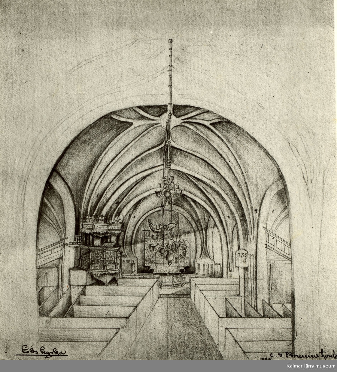 Teckning av C.G. Brunius föreställande långhuset med kryssvalv i Västra Ed:s gamla kyrka.