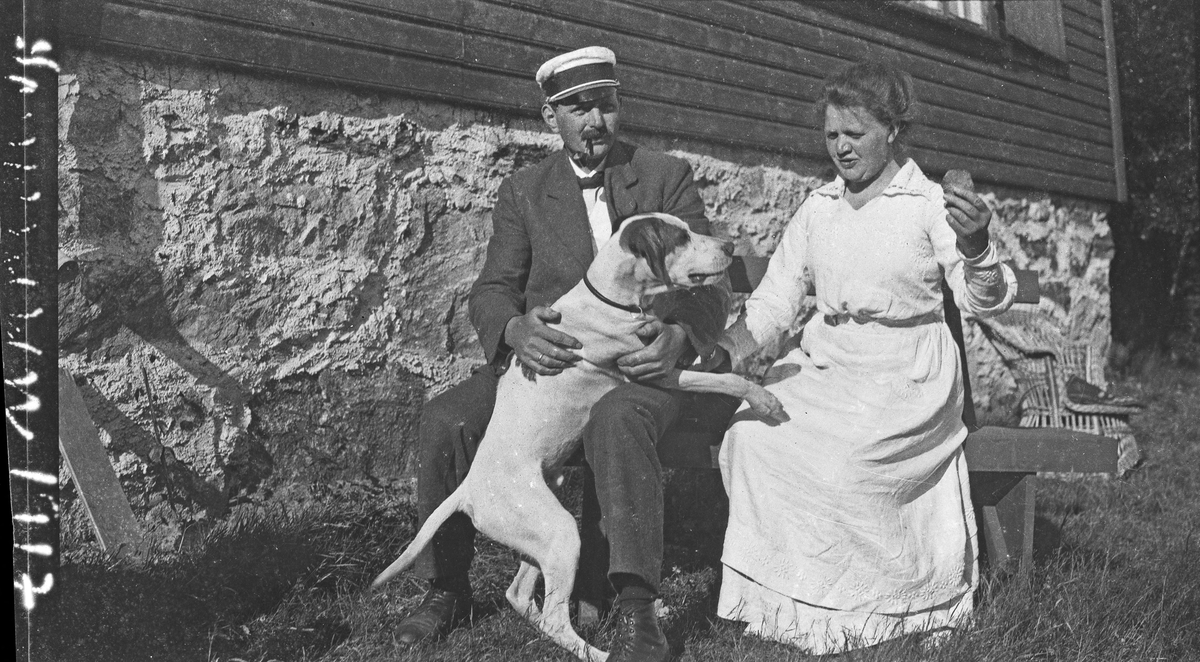 En mann og en kvinne sitter ute i solskinnet. En hund på ivrig jakt etter godbiten kvinnen har i handen. Hus i bakgrunnen. Hverdagsfoto.